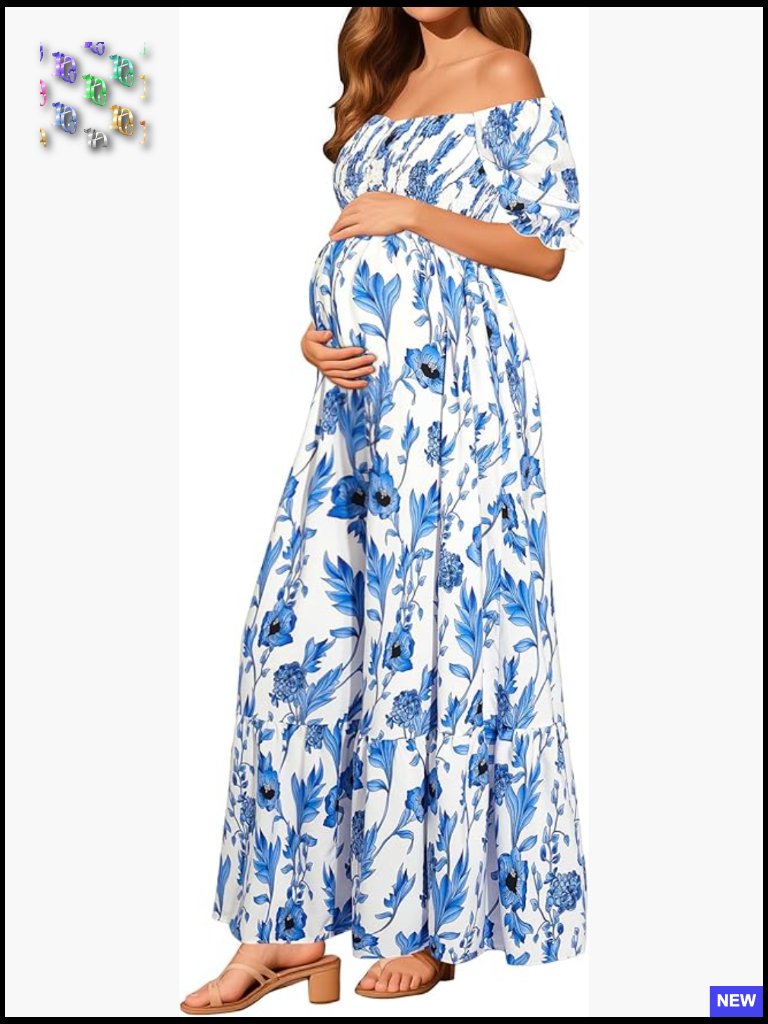 Maternity Maxi Dress Off Shoulder Smocked Top Puff Sleeves Floral Summer Casual